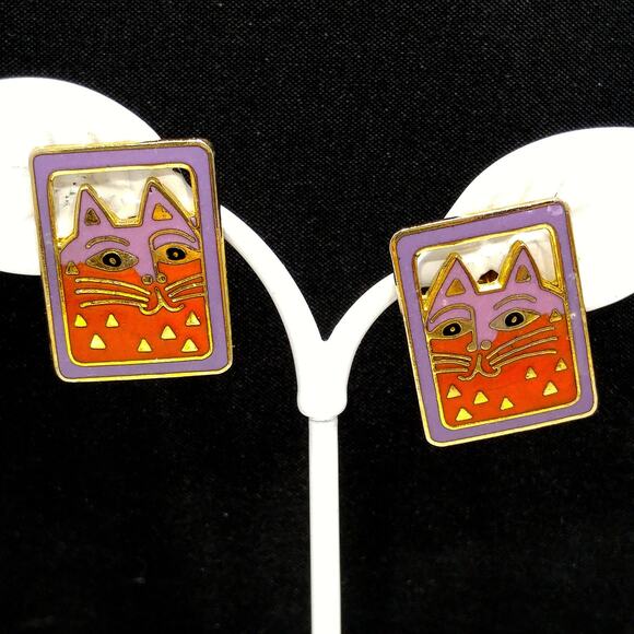 Vintage Laurel Burch "Mallory's Cat" Post Earrings, Gold Plated, Cloisonne - Picture 3 of 10